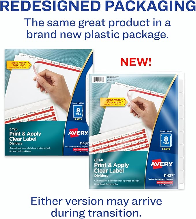 Avery 8 Tab Dividers for 3 Ring Binder, Easy Print & Apply Clear Label Strip, Index Maker Customizable White Tabs, 10-Pack of 5 Sets, 50 Sets Total (11437)