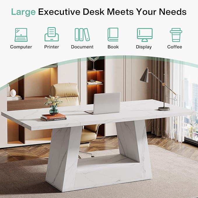 Tribesigns Modern Computer Desk, 63-Inch Large Office Desk Workstation, Simple Style Executive Desk Study Table with Sturdy Base, Wooden Faux Marble Writing Desk for Home Office, White