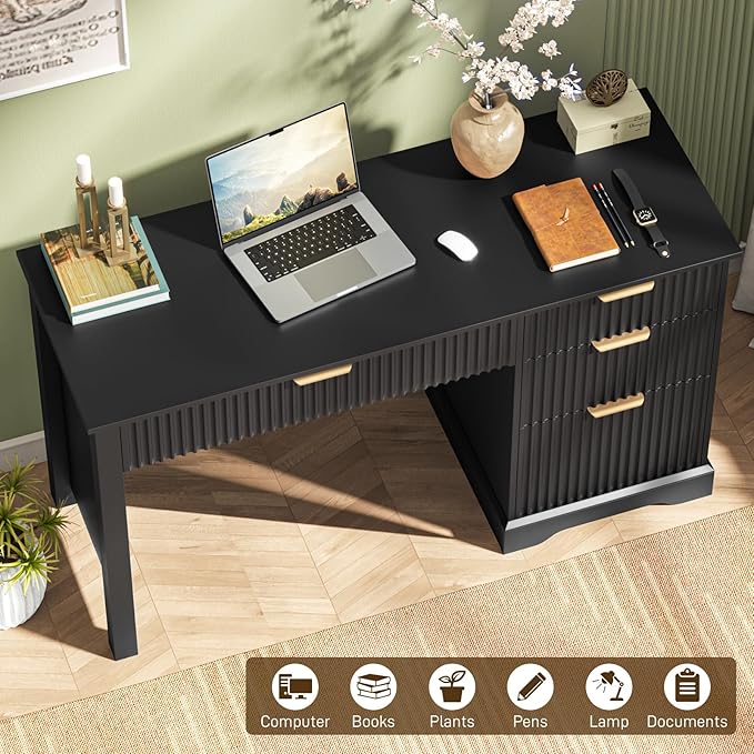 Vabches Fluted Executive Desk with Drawers, Wood Computer Desk with Ample File Drawer, Home Office Desk with Storage for Study, Bedroom, Living Room, Black