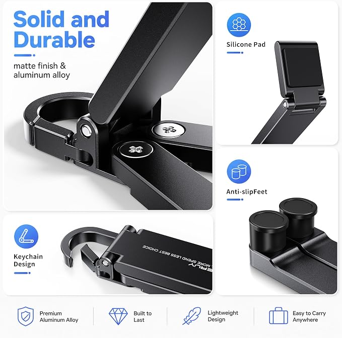 Portable Foldable Pocket Phone Stand with Keychain for Desk Travel(Black) | Mini aluminum, adjustable kickstand, lightweight metal, slim compact for office, plane