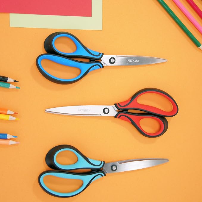 Real Left handed scissors for adults & kids age 12+ with comfortable 3-color ergonomic handle, 8 INCH 3 Packs Scissors All purpose left handed Tool for Daily Cutting Needs