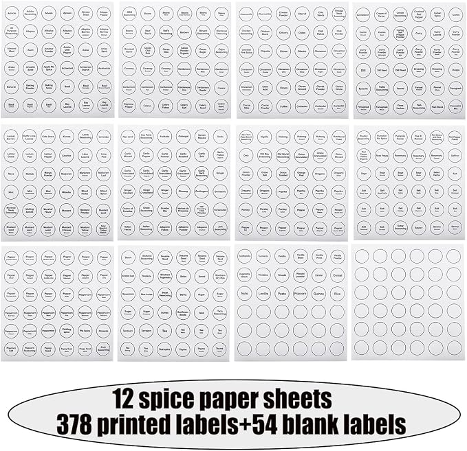 Spice Labels, 432Pcs Spice Labels Stickers 1.4in Waterproof Adhesive Round Preprinted Spice with Blank Label White Tear Resistant Sticker for Kitchen Jars Caps Food Containers Organizers (White)