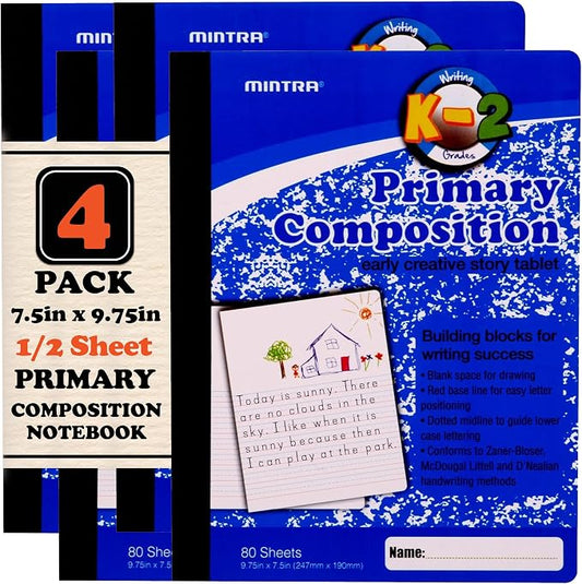 Mintra Primary Composition Notebook, 4 Pack, Blue Cover, 80 Sheets, 7.5in x 9.75in, 1/2 Sheet, Ruled with Drawing Area, Flexible Hardcover Journal, Grades K-2, School & Home Use