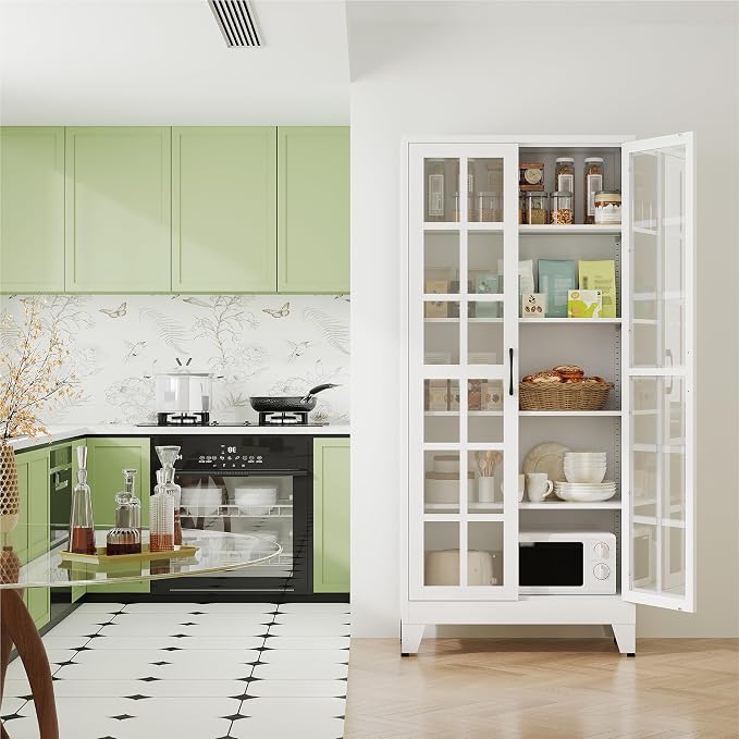 QINPTWUT 71" Tall Glass Door Storage Cabinet, Modern Metal Pantry Cabinet with 4 Adjustable Shelves, Freestanding Display Cabinet for Kitchen, Living Room, Dining Room, Home Office (White)