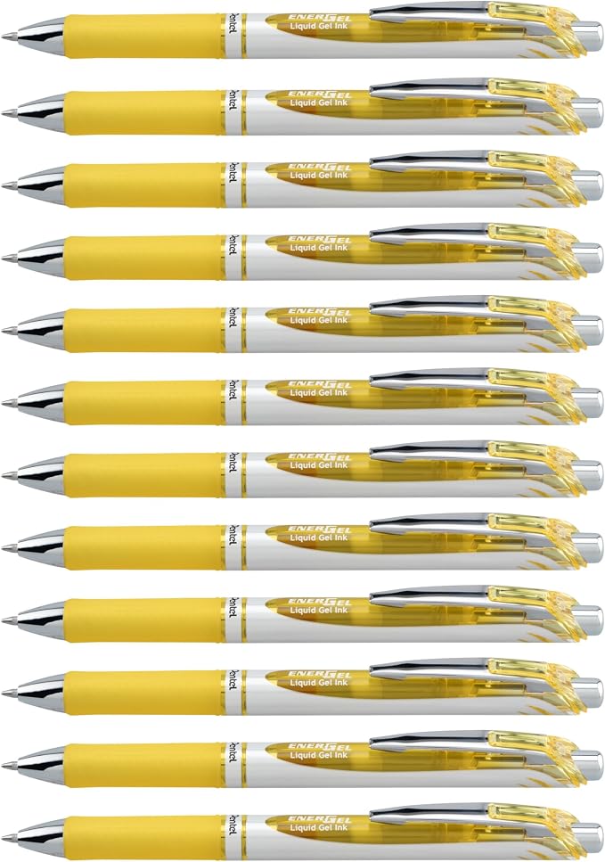 Pentel EnerGel RTX Retractable Liquid Gel Ink Pen, (0.7mm) Medium line, Yellow Ink, Box of 12 Pens (BL77-G)