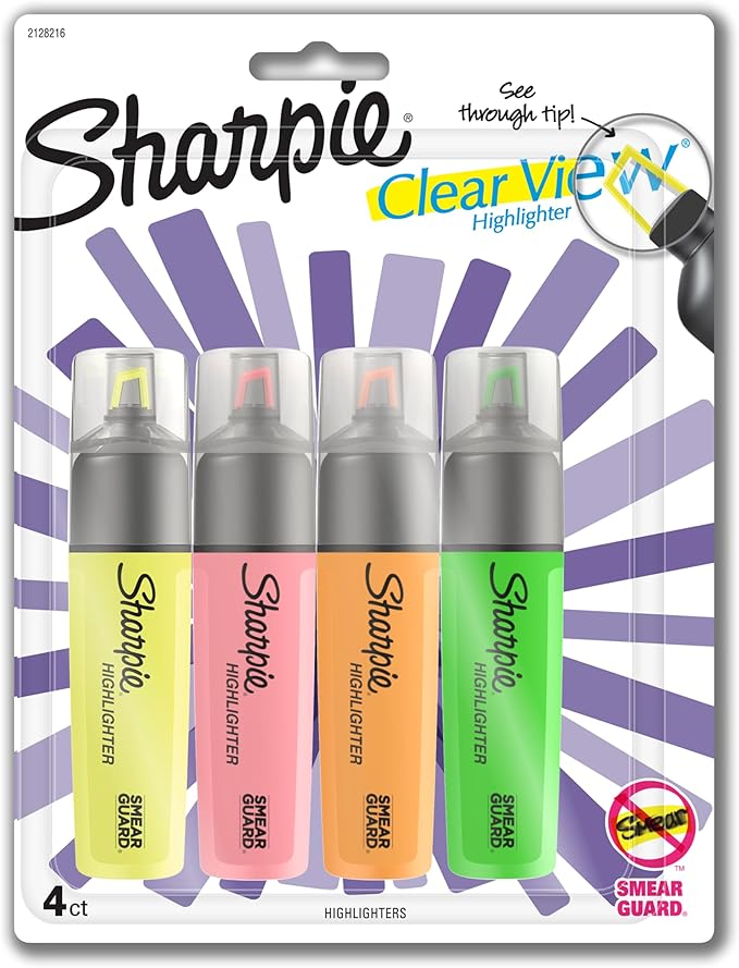 Sharpie Clear View Highlighters, Chisel Tip, Assorted Colors, 4 Count
