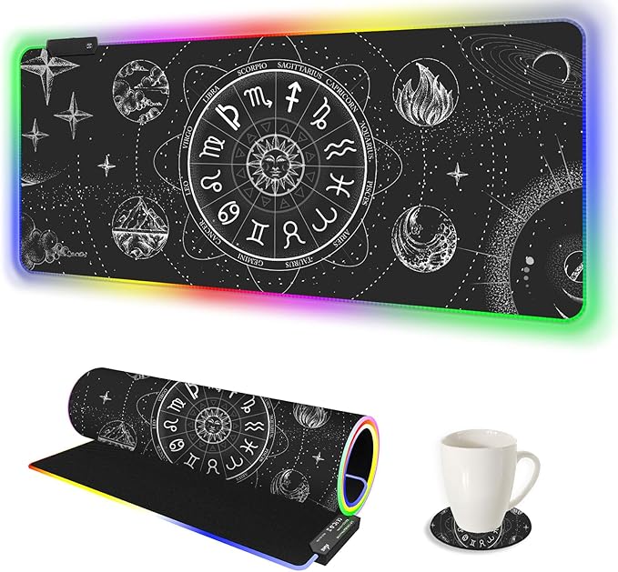 AIMSA RGB LED Gaming Mouse Pad, 14 Modes Glow Pad, Extra Large Gaming Mousepad, 35.4 x 15.8 inch Extended Big Waterproof Keyboard Mouse Pad Mat, Black Cosmic Constellation Magic