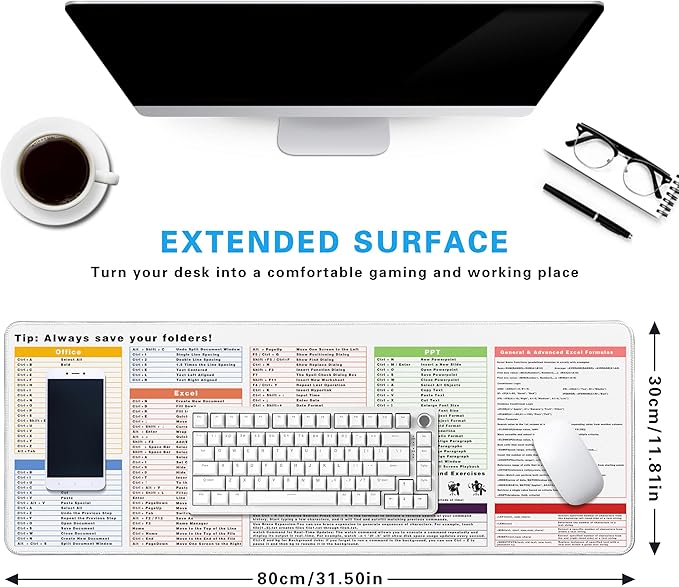 White Design Excel Cheat Sheet Desk Pad, 31.5"x11.8", Waterproof Extra Large Excel Shortcut Mat with Stitched Edges, Anti-Slip Excel Mouse Pad for Office Desk, MS Excel/Word Shortcuts