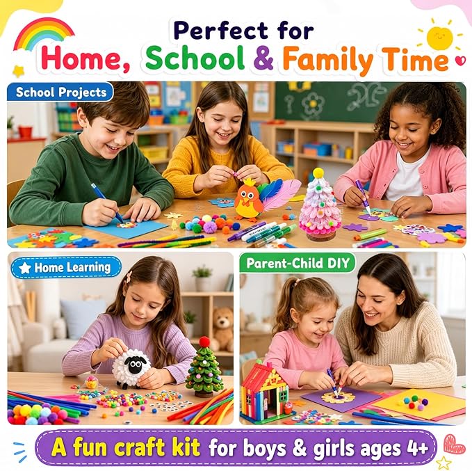 FUNZBO Arts and Crafts Supplies for Kids -Toddlers Craft Kit | with Glitter Glue Stick, Pipe Cleaners, Popsicle Sticks, Pompoms & Stickers, Homeschool Supplies Toys Crafts for Girls age 4+