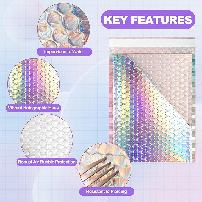 50 Pcs Metallic Bubble Mailers,With Thank You Cards and Stickers,Holographic Bubble Mailers,Self Seal Poly Padded Envelopes,Adhesive Shipping Bag,Cushion Envelopes for Mailing Small Business