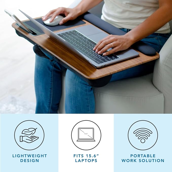 LAPGEAR Home Office Pro Lap Desk – Espresso Woodgrain, Fits 15.6” Laptops | Built-In Mouse Pad & Phone Slot, Wide Cushioned Wrist Rest, Dual-Bolster Microbead Cushion, Carry Handle