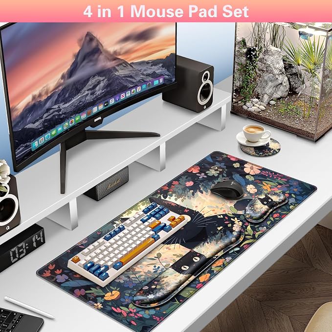Canjoy Desk Mat with Wrist Rest, Desk Pad for Keyboard and Mouse 4-in-1 Kawaii Anime Mouse Pad + Keyboard Wrist Rest Support+ Coaster(35.4×15.7 in) Memory Foam Non-Slip Desk Mat for Home Office