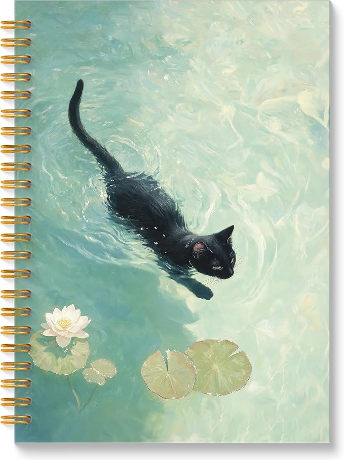 ROXMART Whimsical Funny Black Cat Spiral Notebook Journal, Cat Lover Mom Lady Owner Gifts, Cute Black Kitty Kitten in Water Lily Pond Hardcover Notebook Journal, 5.5x8.3 Inch