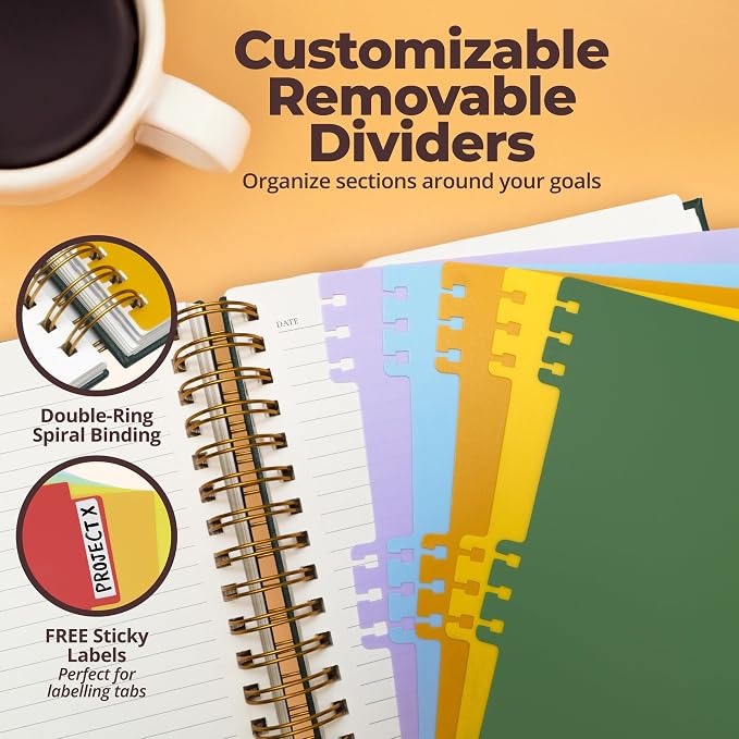 Hardcover Lined Spiral Notebook with Removable Dividers Leather Bound Green | 8x10" 300 Pages College Ruled 5 Subject Notebook for Work - with Tabs, Pockets, and Pen Loop for Note Taking, Large Journal