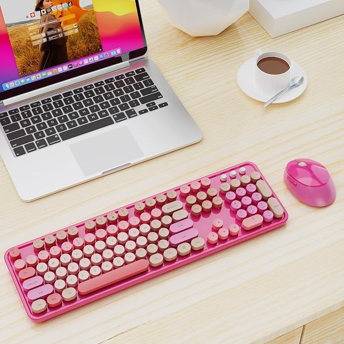 Nowlike Wireless Keyboard and Mouse Combo, Retro Typewriter Keyboard with Round Keycaps, Full-Size Ergonomic, Red, Ideal for Windows PC, Home, Office, and College, Wireless Keyboard Mouse Combo
