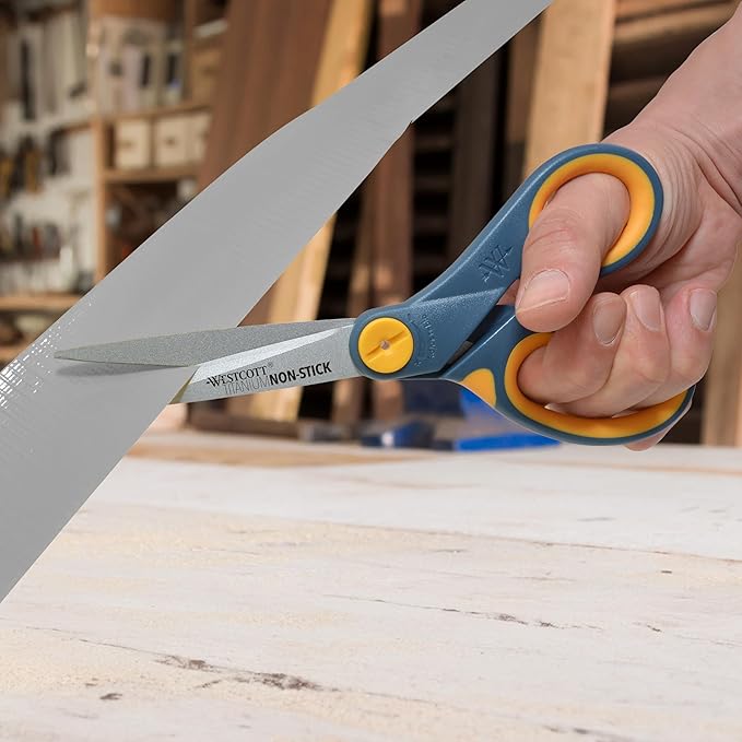Westcott 8-Inch Non-Stick Titanium Scissors For Office and Home - Glide Adjust Technology - Grey/Yellow Craft, Fabric Scissors - 1 Pack