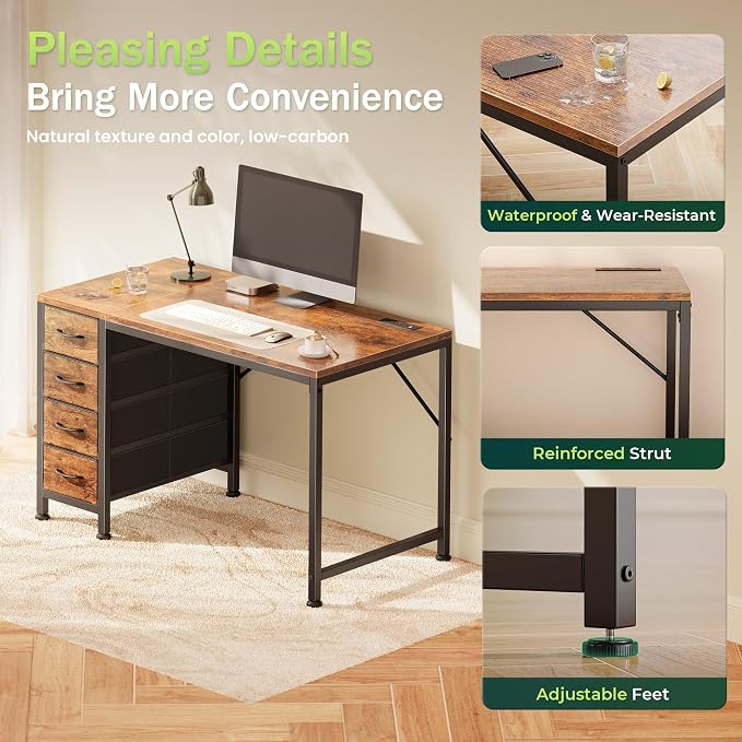 39.4 Inch Computer Office Desk with Power Outelts and USB-C Port, Reversible Gaming Desk with 4 Fabric Drawers, Work Study Desk Work from Home, Rustic Brown