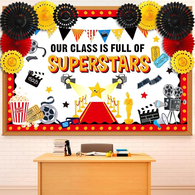 77 Pcs Movie Bulletin Board Decorations with Paper Fans 3D Movie Night Classroom Bulletin Board Superstars Popcorn Now Showing Sign Cutouts for Back to School Office Wall Door Decor Supplies