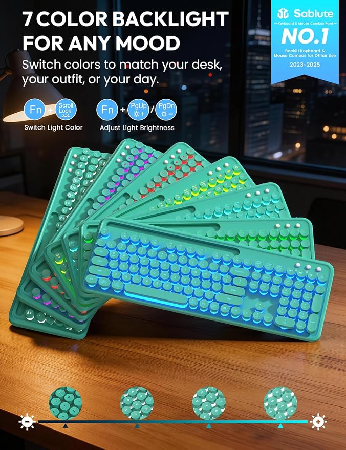 Wireless Keyboard and Mouse, Backlit Typewriter with Magnetic Wrist Rest | Phone Holder, Light Up Round Keycaps, Lighting Mouse, 2.4GHz Cordless Set for Mac, Windows, PC, Laptop, SABLUTE