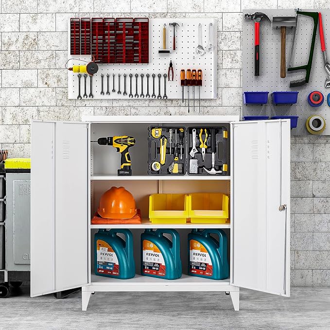 White Metal Cabinet with Doors and Shelves,40" Metal Storage Cabinet with Lock Door Adjustable Shelf,File Cabinets for Home Office,School,Kitchen,Garage Storage Tool Cabinets