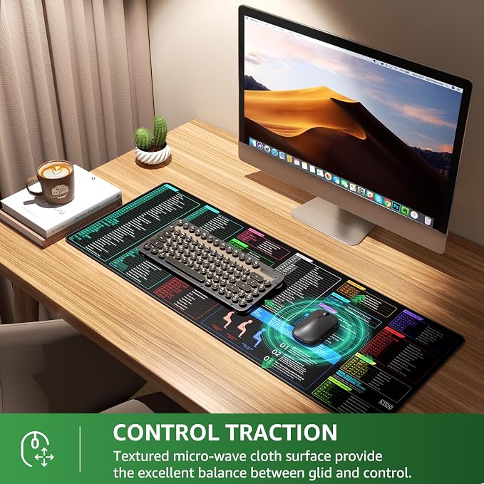 KTRIO Excel Shortcuts Mousepad, Desk Mat, 31.5 x 11.8 in, XL | Smooth Micro-Weave Surface, Shortcut Reference, Non-Slip Rubber Base, Durable Stitched Edges, Office & Home Use