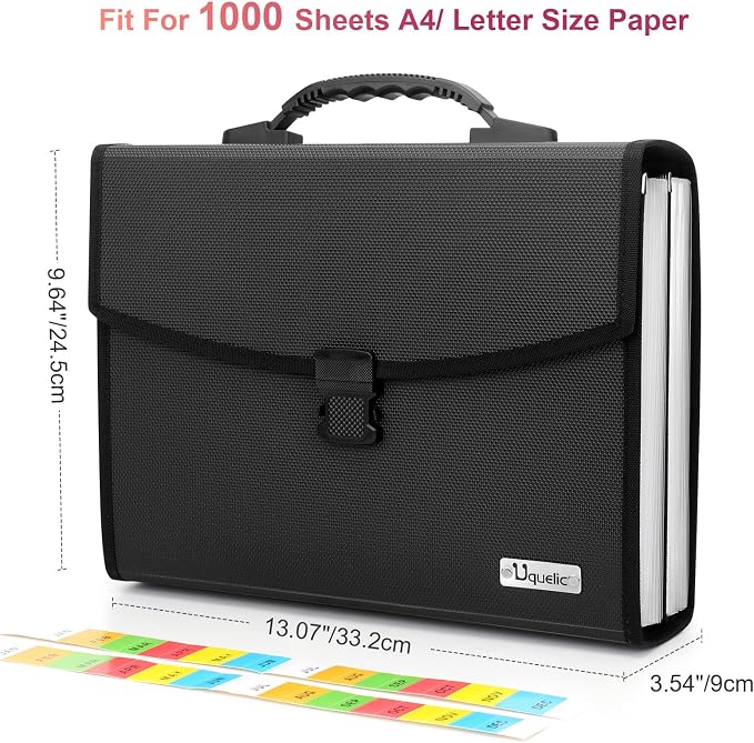 Uquelic 26 Pockets Expanding File Folder Organizer, Durable Buckle | Accordion Folder Base with Ergonomic Portable Handle, Large A4 Letter Size Document Organizer, Folders with Pockets
