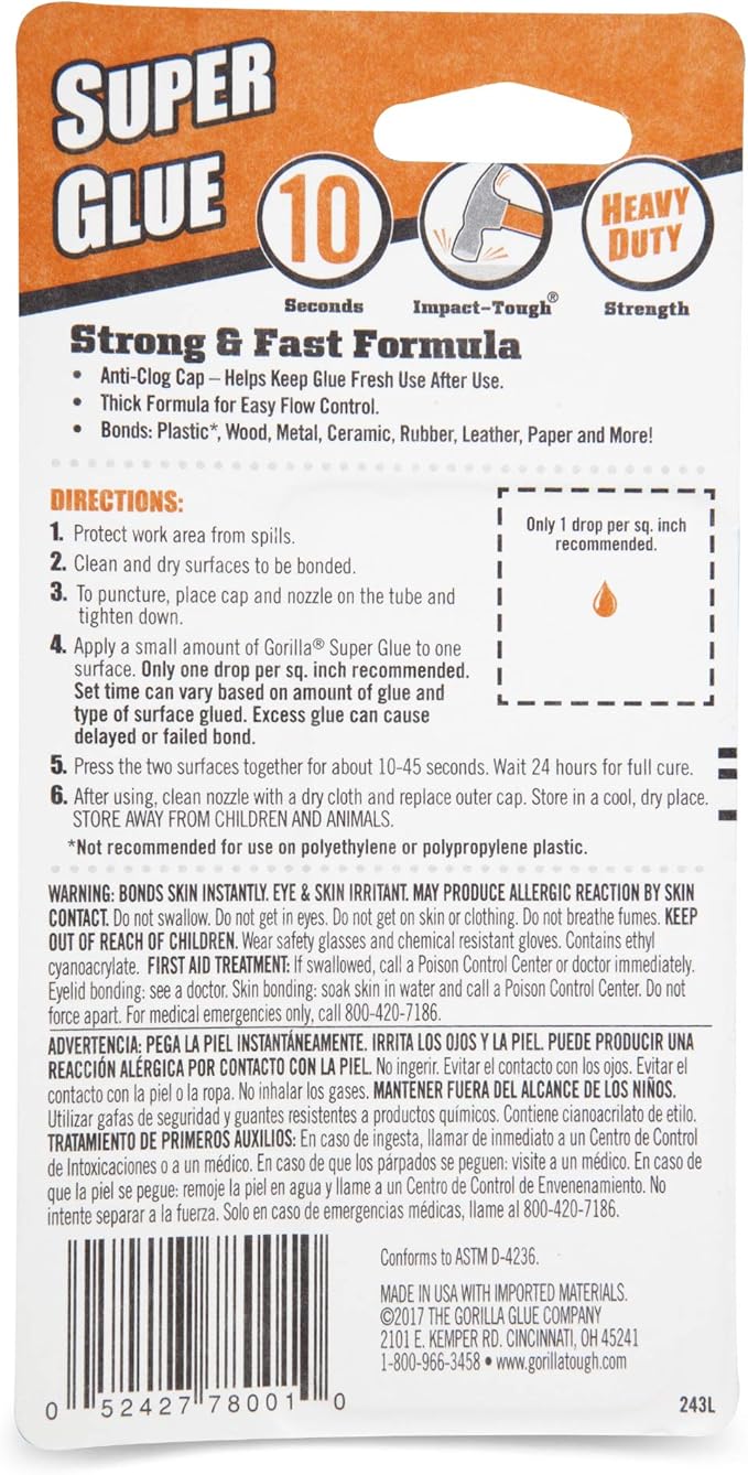 Gorilla Super Glue, Clear Glue, 20 Gram (Pack of 1) - All Purpose and Fast Setting for Projects and Repairs