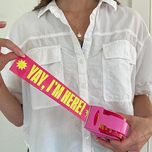 Decorative Packing Tape with Pink Dispenser – Yay I’m Here! Pink & Yellow, 1.88" x 22.2 Yards – Cute Printed Shipping Tape for Gifts, Small Business Essentials, and Mailers