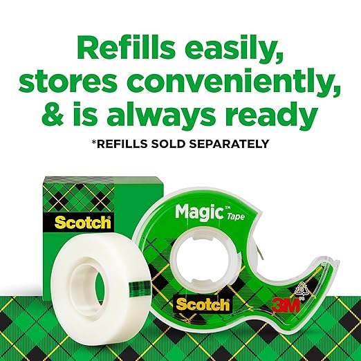Scotch Magic Tape, Invisible, Repair Christmas Cards and Use as Holiday Gift Wrap Supplies for Christmas, 2 Tape Rolls with Dispensers (Pack of 2)