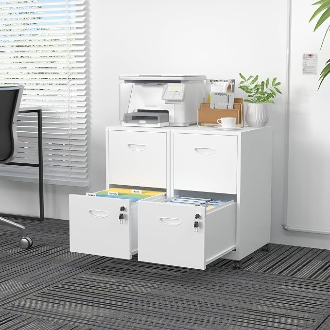 SteeLoong 2 Drawer File Cabinet,Metal Mobile File Cabinet with Lock White | Filing Cabinet with Wheel,Vertical File Cabinet for Home Office,Under Desk Rolling File Cabinets for Hanging Letter/A4