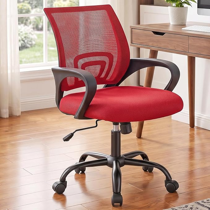 DUMOS Ergonomic Office Chair, Executive Desk Chair with Lumbar Support | Mid Back, Breathable Backrest, Fixed Armrest, Height Adjustable, 360° Swivel, Computer Gaming, Meeting, Red