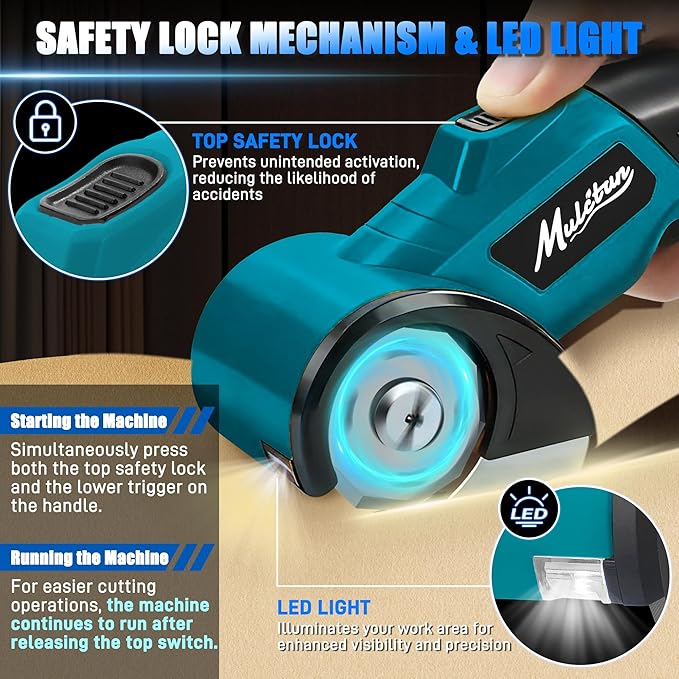 Electric Box Cutter with 4 Safety Blades,Storage Bag,Cardboard Cutter with Safety Lock,Led Light,4V 2000mAh Cordless Electric Scissors for Carton Carpet Fabric Leather（Dark Blue）