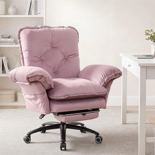 Criss Cross Office Chair with Flip Arms & Footrest, Comfy Desk Chair,Pink | Cross Legged Office Chair, Wide Seat Reclining Desk Chair with Wheels, Vanity Chair with Pocket Spring Seat and Side Pockets