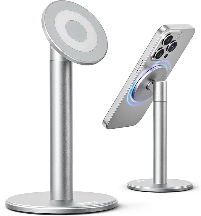 Nulaxy Magnetic Full Aluminum Cell Phone Stand with 360 Rotating, Silver | Stable Base, Includes Metal Ring, Works with Thick Cases, Hands-Free, Office Accessories, Compatible with All Phones