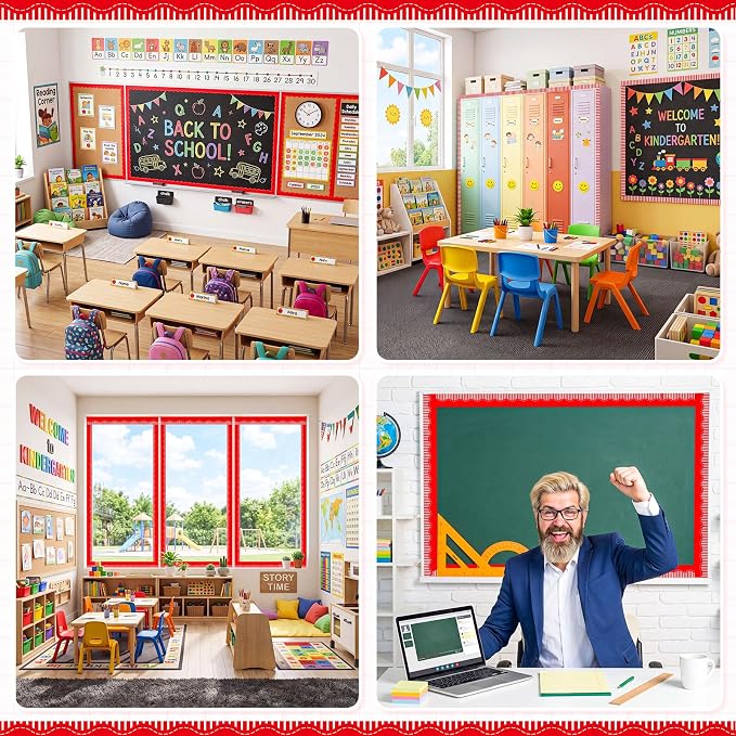 2 Rolls 65.6ft Red Striped Bulletin Board Borders Decoration Scalloped and Straight Edge Bulletin Borders Board Trim for Office School Classroom Chalkboard Party Decoration