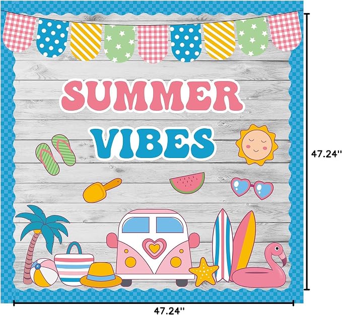 Hello Summer Bulletin Board Set Beach Theme Classroom Bulletin Board Decorations Surfing Tropical Palm Cutouts for Back to School Bus Teacher Supplies Nursery Home Chalkboard Wall Door Decor