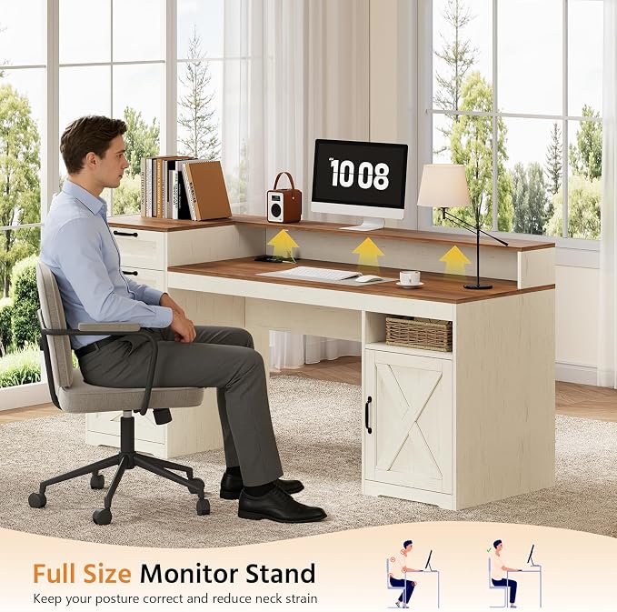 63" Farmhouse Computer Desk with 4 Drawers for Home Office, Bedroom | Executive Desk with Printer Shelf, Monitor Stand, Home Office Desks with Power Outlets, Storage Shelves, Antique White