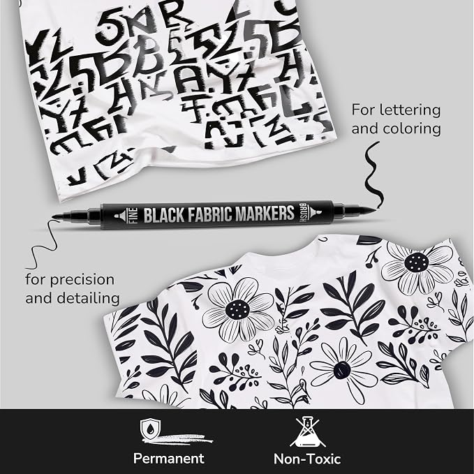 Zenacolor 5 Dual-Tip Black Fabric Markers Permanent for Clothes - Fabric Paint Pens for Personalizing Shirts Bags Hats Canvas and Textiles