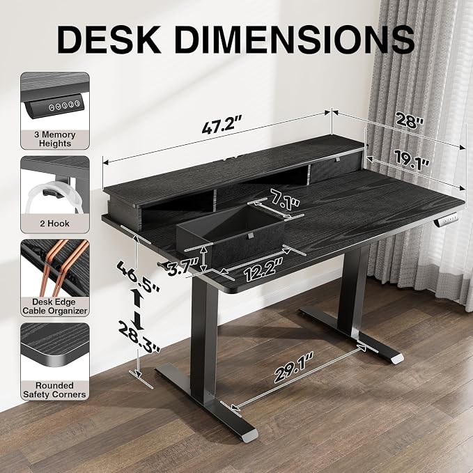 Veken 47x28 in Electric Standing Desk with Drawers, Adjustable Table, Black | Stand up Computer Desk for Home Office, Work & Study, with Storage, 3 Memory Presets, Cable Organizer, Hook, and Quiet Lift.