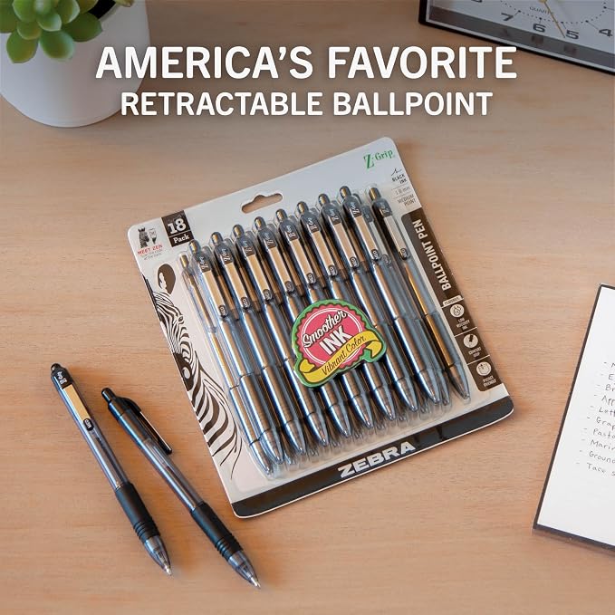 Zebra Pen Z-Grip Retractable Ballpoint Pen, Black Ink, 1.0mm, 18-Pack | Smooth Writing, Medium Point Tip, Ideal for Planners, Note-Taking, School and Office Supplies, and Everyday Writing (22218)