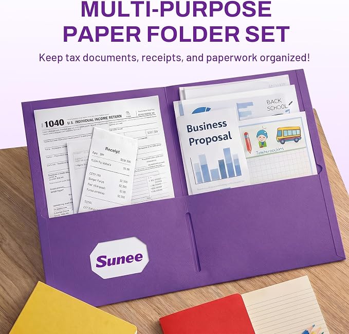 SUNEE Folders with Pockets(25 Pack, Purple), 2 Pocket Folders Fit Letter Size Paper, Paper File Folder for School Office Home Business