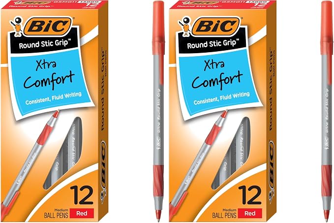 BIC Round Stic Grip Xtra Comfort Red Ballpoint Pens, Medium Point (1.2mm), Excellent Writing Pens With Soft Grip for Superb Comfort and Control 12 Count (Pack of 2)