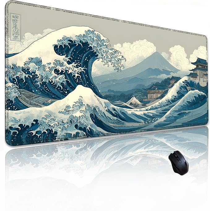 Kanagawa Wave Surfing Mouse Pad, Large Great Mount Fuji 31.5"x11.8" | Japanese Sea Anime Desk Mat, Sewn Edges, Microwoven Fabric,Easy to Clean, Suitable for Laptop Gaming