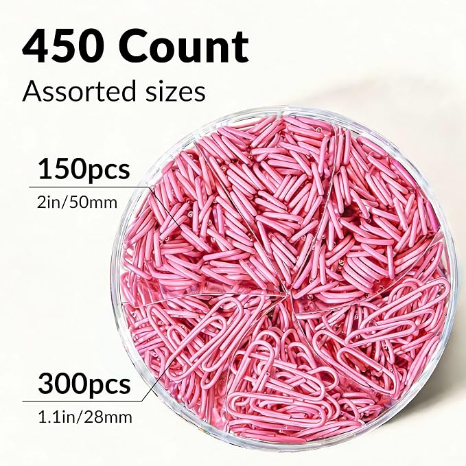 NEEWAY 450pcs Paper Clips Assorted Sizes, Small and Large Paper Clips (1.1 inch, 2 inch), Coated Paperclips for Office School Document Organizing (Rose Pink)