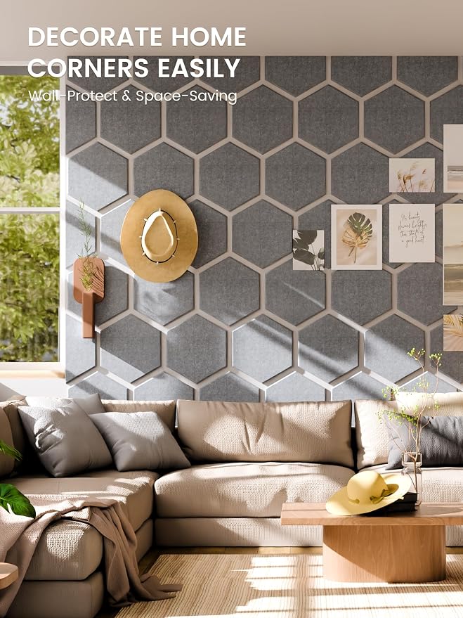 Fluxynara 12-Pack Hexagon Felt Bulletin Board Tiles, Blue Gray | Cork Board Alternative with 60 Adhesive Tabs for Notes, Photos and Reminders in Home Offices, Dorm and Classrooms