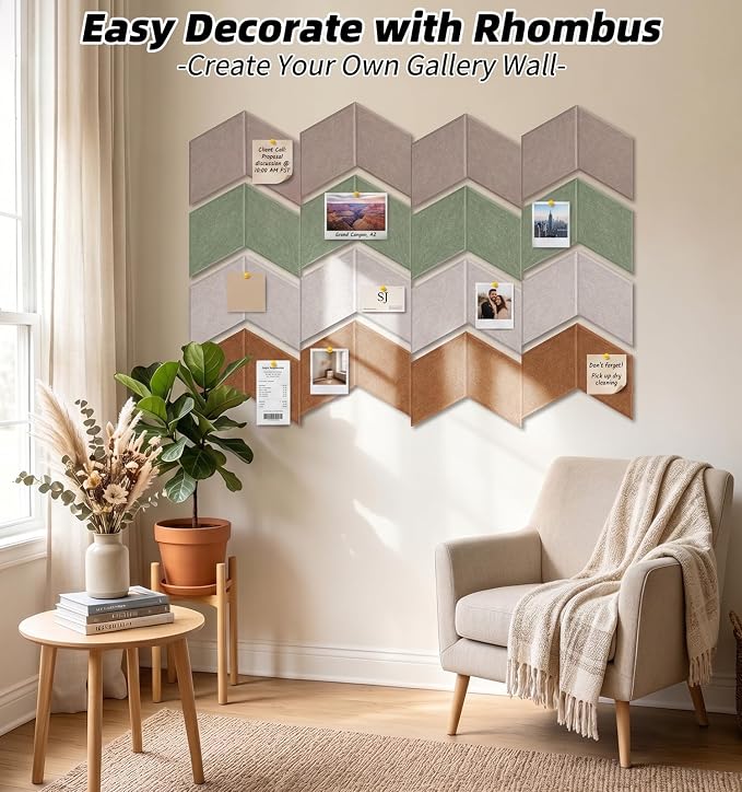 24 Pack Rhombus Felt Bulletin Board Tiles, Mocha Mist | Cork Board Alternative for Walls Decor with 72 Adhesive Tabs, Felt Pin Board for Classroom Home Office Vision Board