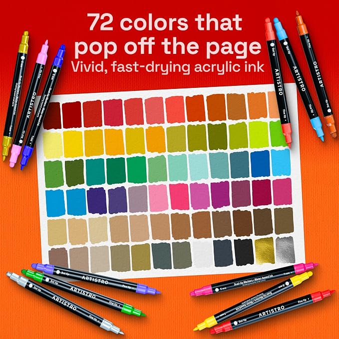 ARTISTRO Precision Dual-Tip Acrylic Paint Marker Pens - Set of 72 | For Fabric, Rock, Glass, Wood, & Coloring Books, Arts & Crafts Gift, Classroom Must Haves & School Supplies (Dot & Fine Tips)