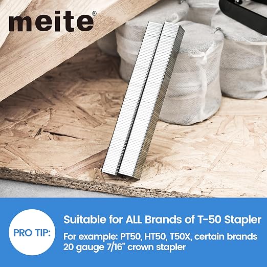 meite T50 Heavy Duty Staples, 1/4 Inch Galvanized T50 Staples for Staple Gun, 20 Gauge 3/8 Inch Crown Staple for Upholstery, Construction, Furniture (1 Case)