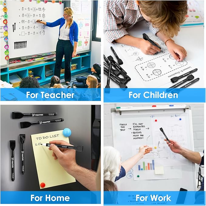 maxtek 24 Count Magnetic Black Dry Erase Markers, Fine Tip Whiteboard Markers with Eraser, Thin Markers Low Odor for Classroom, Office, Home