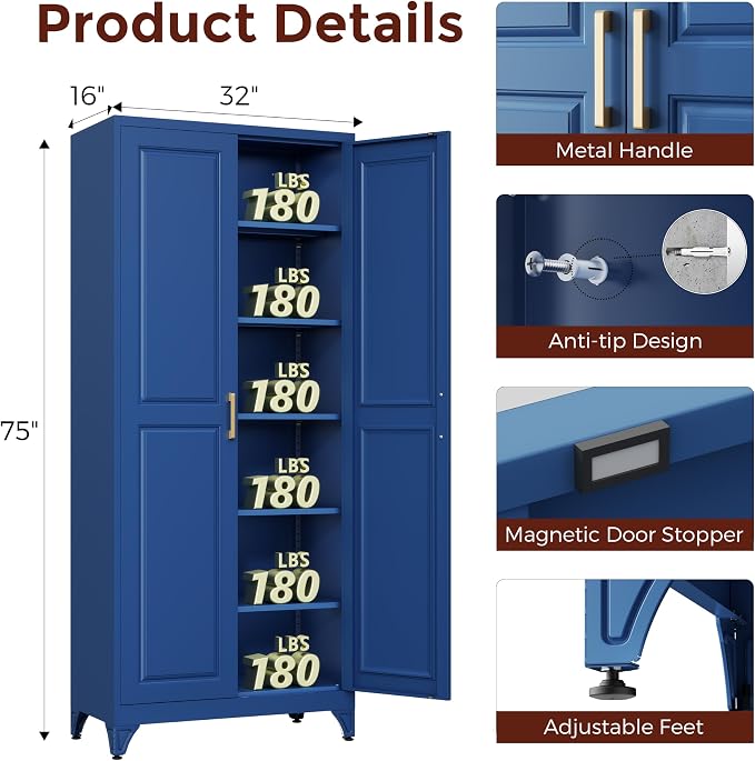 75" Kitchen Pantry Cabinet, Metal Storage Cabinets with 2 Doors | Kitchen Cabinet with 5 Adjustable Shelves, Tall Food Pantry Storage Cabinet, Cupboard for Kitchen, Dining Room, Living Room
